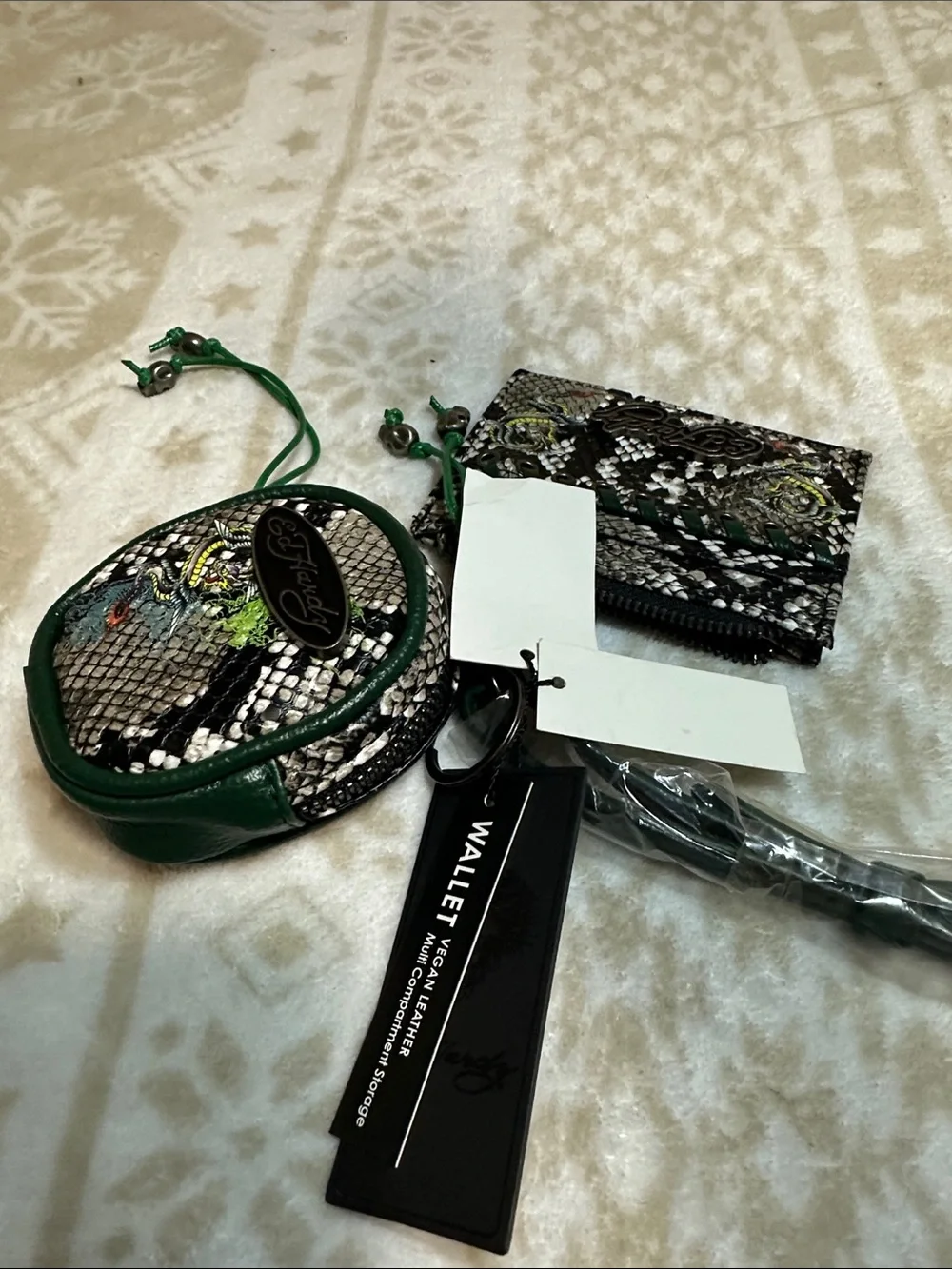 Ed Hardy Black & Green Snake-Print Reptile Accessory Pouch Set